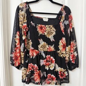 Ember black lace floral peplum cropped sleeve blouse size L